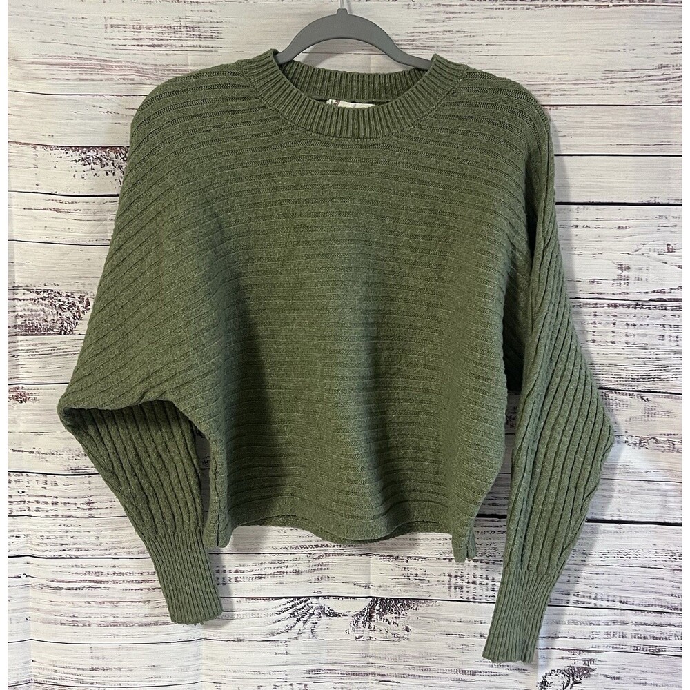 Pink Rose Olive Green Textured Knit Drop Shoulder Sweater Medium M
